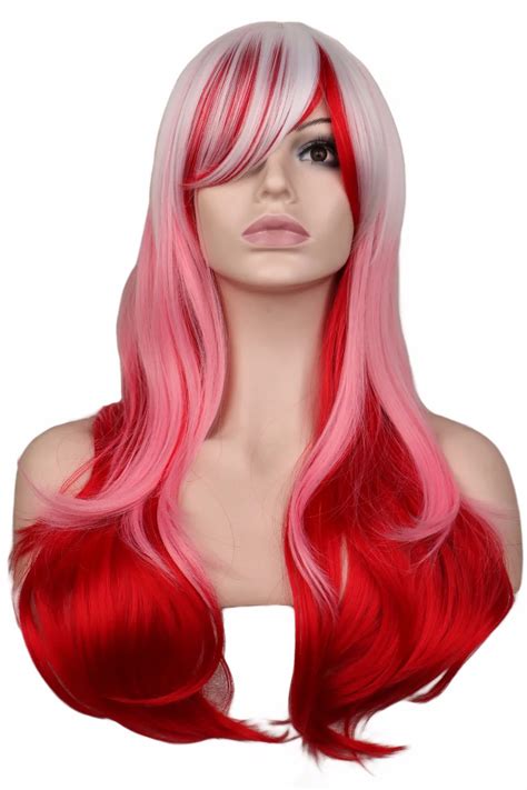 Qqxcaiw Long Curly Cosplay Wig Party Costume Synthetic Hair White Pink