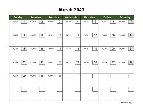March 2043 Calendar With Day Numbers