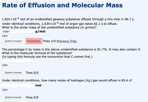 Solved Rate Of Effusion And Molecular Mass 1831x10 4 Mol Of