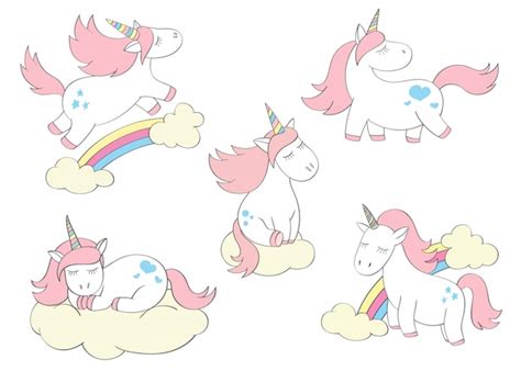 Premium Vector Magic Cute Unicorns Set In Cartoon Style Doodle Unicorns