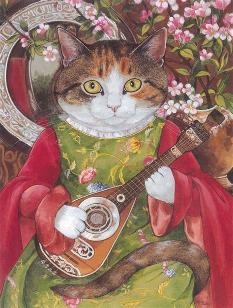 A Painting Of A Cat With A Guitar In Its Hand And Flowers On The Background