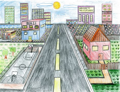 Finished drawing of a city with one point perspective, colored with markers. One Point Perspective City Drawing at GetDrawings | Free ...