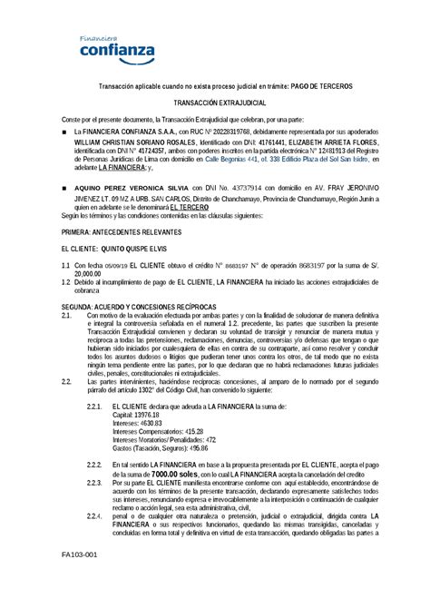 Modelo De Acuerdo Extrajudicial Monografías Ensayos De Derecho Docsity