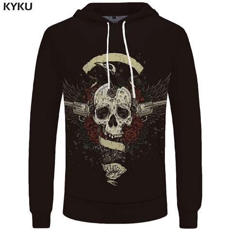 Kyku Brand Skull Sweatshirts Rose And Gun Sweat Shirt Rock Hoodie