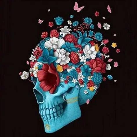 Blue Skull With Flowers And Butterflies Partial Round Drill Etsy In