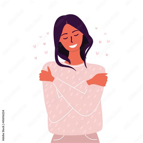 Flat Vector Cartoon Illustration Of A Woman Hugging Herself The