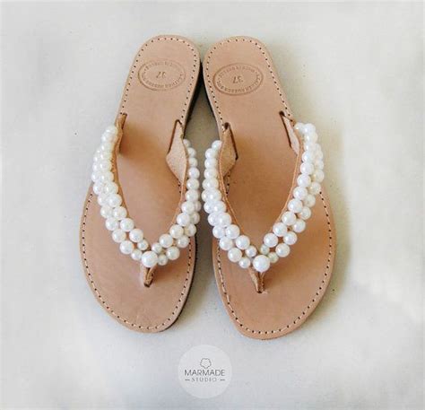 bridal leather sandals by marmade handmade leather flip flops decorated with pearls in 2021