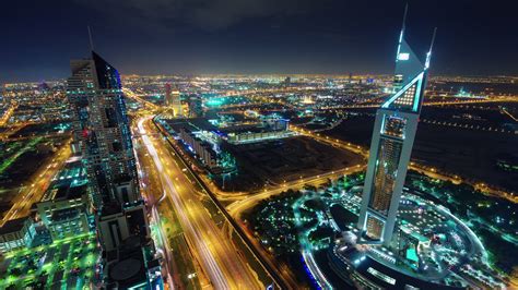 Dubai Night Light Downtown Traffic Street Roof Top Panorama 4k Time