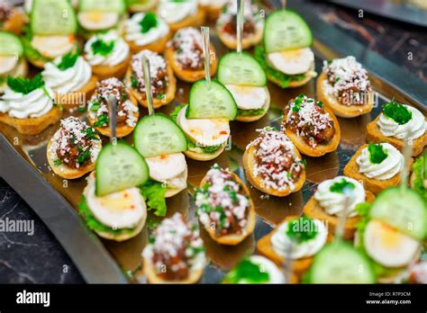 Cold Snacks On The Table Buffet Canapes At The Banquet Stock Photo Alamy