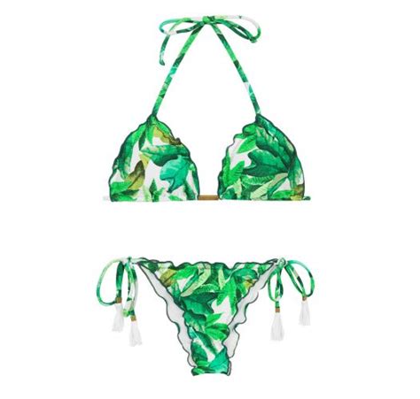 two piece swimwear leaves print scrunch bikini folhagem frufru