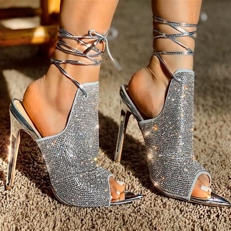 silver lace up rhinestone high heels shoes post