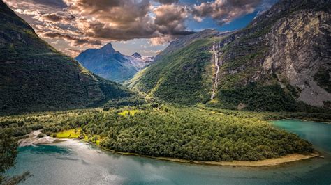 Desktop Wallpaper Naeroyfjord Fjord Norway River Valley Mountains