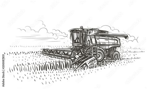 Combine Harvester Working Sketch Illustration Vector Stock Vector