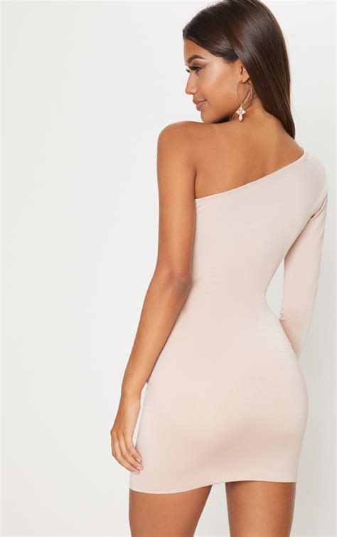 Nude Slinky One Shoulder Ruched Cut Out Bodycon Dress Prettylittlething Usa