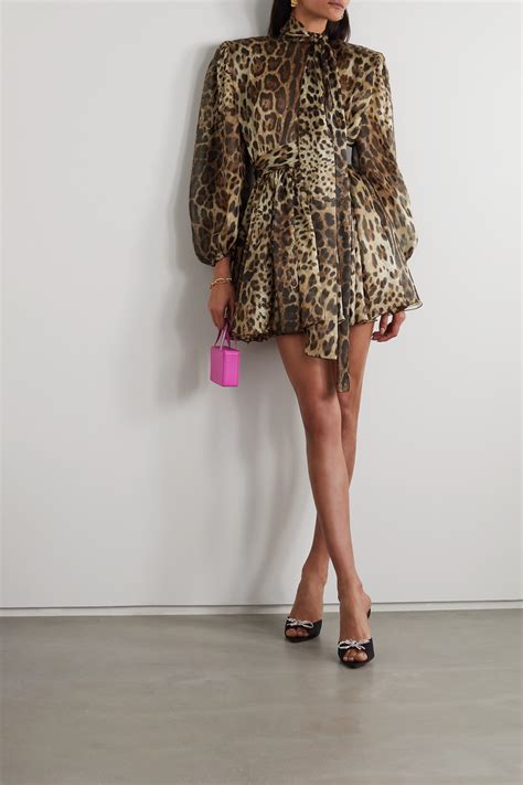 Brown Pussy Bow Leopard Print Silk Blend Organza Mini Dress Dolce