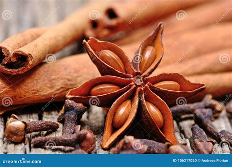 Anise Star With Cinnamon Sticks And Cloves On Table Stock Photo Image