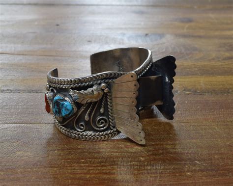 Vintage Navajo Sterling Silver Turquoise And Coral Watch Cuff Etsy