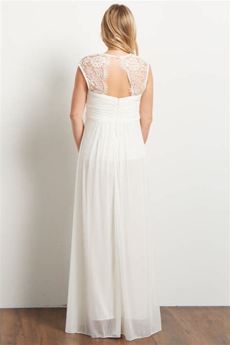 Ivory Lace Accent Chiffon Maternity Evening Gown