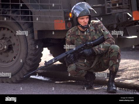 Belfast Northern Ireland March 1983 British Army Soldier On Patrol