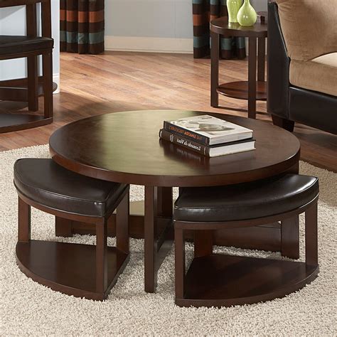 The armless side chairs feature a ladder back design with padded upholstered seating for comfort. Round Coffee Table With Seats Underneath | Roy Home Design