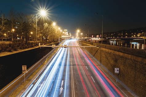 Car Lights Night Highway City Illuminated Long Exposure Night