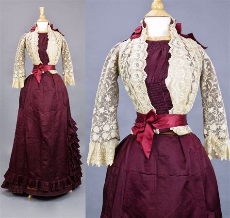 1880s Victorian Bustle Dress Antique 3pc Burgundy Silk Pleated Skirt