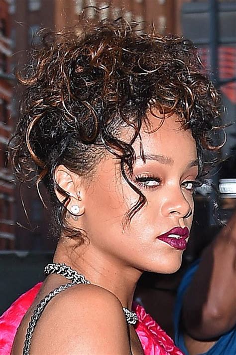 Rihanna Curly Dark Brown Peek A Boo Highlights Updo Hairstyle Steal