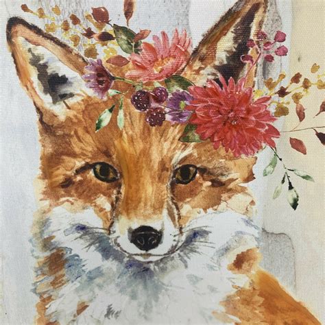 Kathryn White Painting Art On Canvas Fox With Flowers Size 12 Etsy