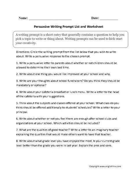 A formal letter is a type of communication between a company and an individual or between individuals and companies, such as contactors, clients, customers and other. Writing Prompts Worksheets | Persuasive Writing Prompts ...