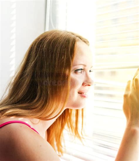 Woman Looking Out Through Venison Blinds Stock Image Image Of