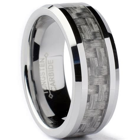 Tungsten Carbide Mens Wedding Band Ring With Gray Carbon Fiber Inlay