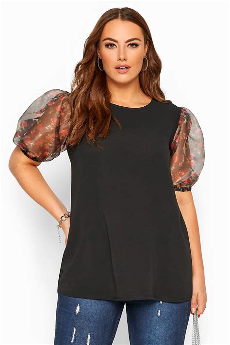 Black Floral Organza Puff Sleeve Top Yours Clothing