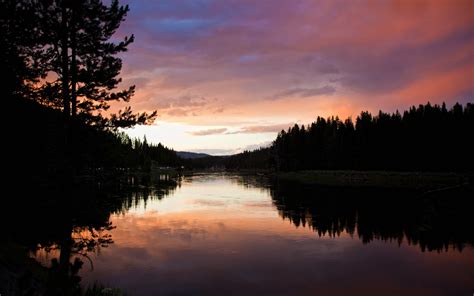 Silhouette Of Trees Lake Clouds Sunset Reflection Hd Wallpaper