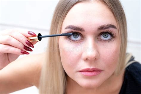 Woman Mascara Applying Brush Female Portrait Makeup Eyelashes Stock