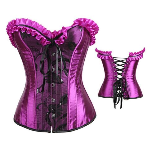 Sexy Purple Burlesque Ruffle Lace Up Satin Plastic Bone Bustier Corset Corselet Overbust Outwear