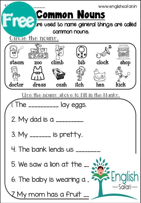 **FREE** common nouns worksheet www.englishsafari.in | Common nouns