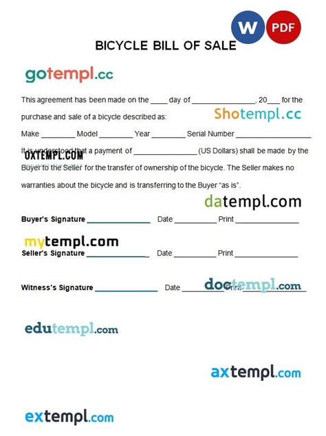 Bicycle Bill Of Sale Agreement Form Word Example Fully Editable