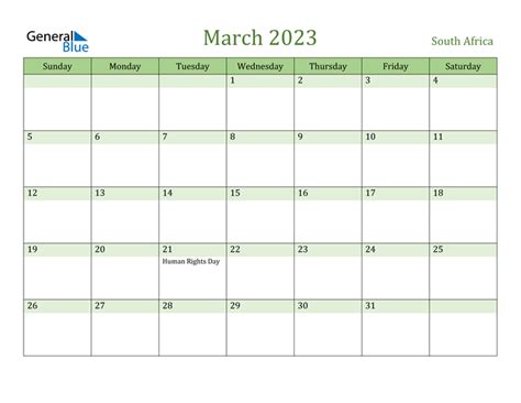 March 2023 Calendar With South Africa Holidays