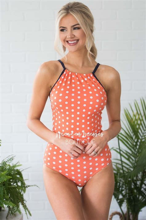 coral white polka dots modest one piece cute modest swimwear neesee s dresses