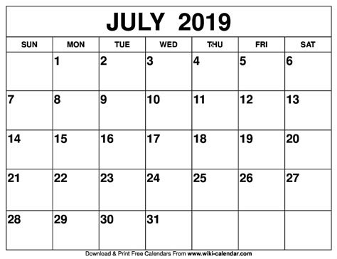 Blank July 2019 Calendar Printable