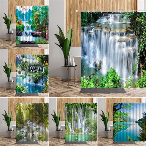 Waterfall Forest Landscape Shower Curtains Green Tree Bathroom Curtain