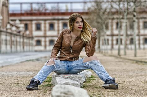 Wallpaper Sitting Spread Legs Model Urban Women Outdoors
