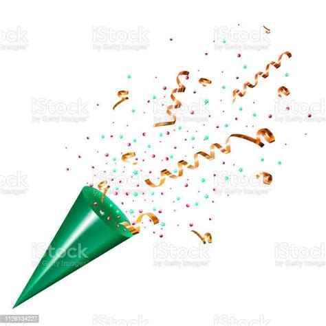 Exploding Party Popper With Confetti And Streamer On White Backg Stock