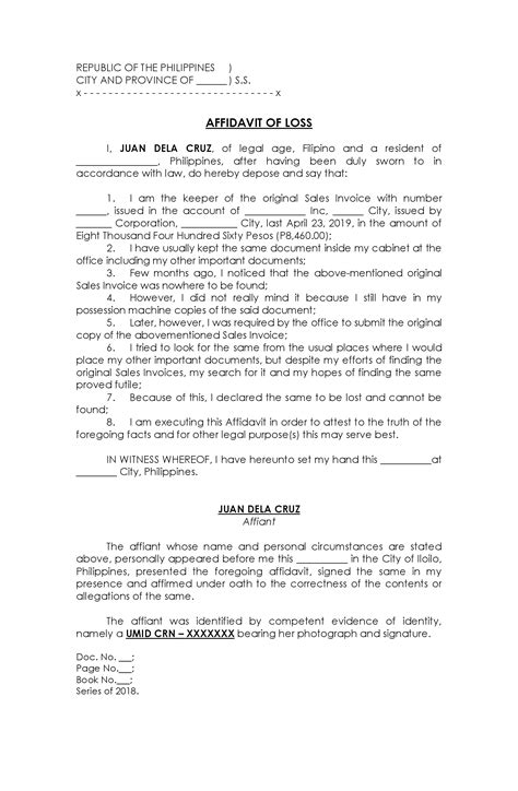 Affidavit Of Loss Template Philippines Hq Printable Documents The