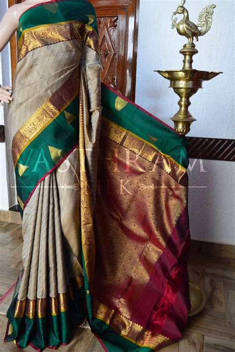 Horlicks Color Pure Handwoven Kanchivaram Silk Saree With Cross Threadwoven Stripes On All Over