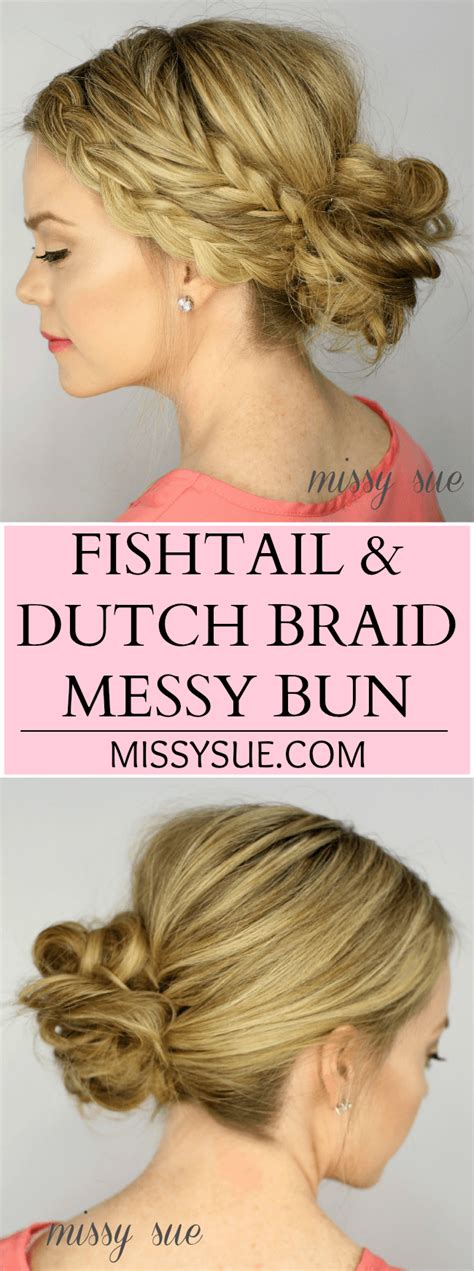 The ends of your pigtails, along with the third section of hair, form the bun. Fishtail and Dutch Braid Messy Bun