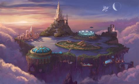 Green And Blue Sky Island Illustration Fantasy City Castle Cloud