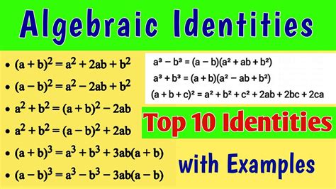 Top 10 Algebraic Identities With Examples Basic Algebra Formula Youtube