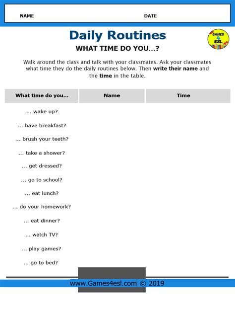 Daily Routine Worksheet Complete The Table Pdf