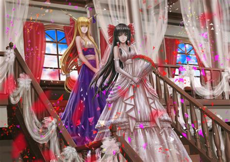 Touhou Girls Black Hair Blonde Hair Bow Brown Eyes Dress Elbow Gloves Flowers Horns